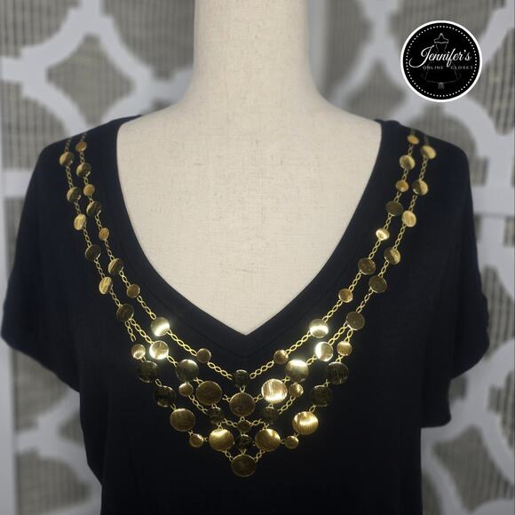 August Silk Black V Neck Embellished Gold Circle Necklace Knit Top Size Medium - Picture 3 of 10